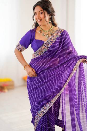 Purple Color Thread & Sequins Embroidery With Badhani Print Work Faux Georgette Saree