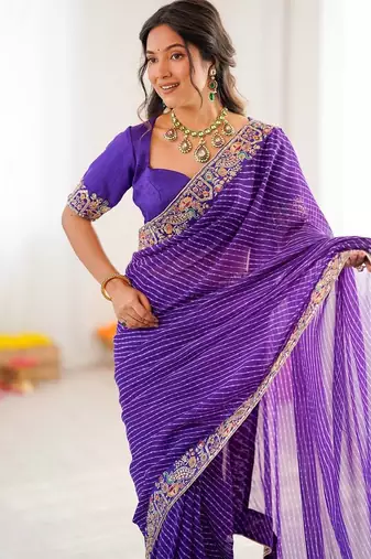 Purple Color Thread & Sequins Embroidery With Badhani Print Work Faux Georgette Saree
