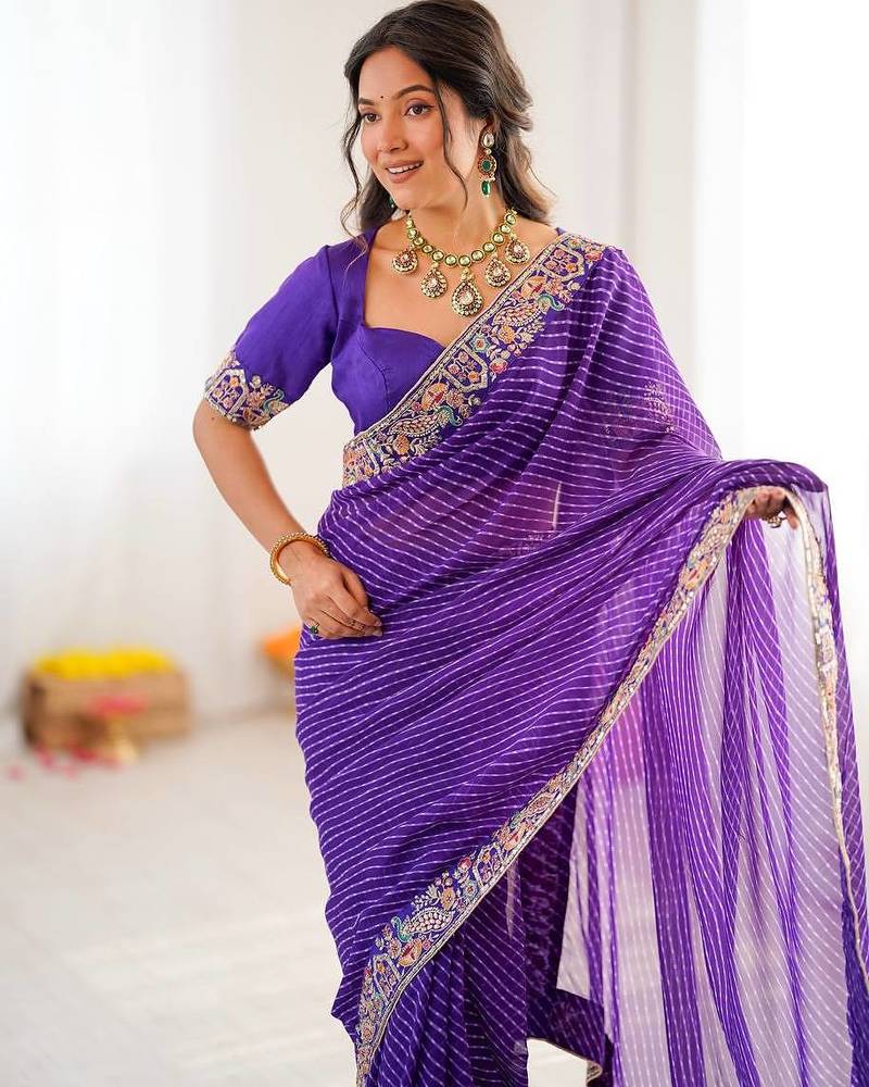Purple Color Thread & Sequins Embroidery With Badhani Print Work Faux Georgette Saree