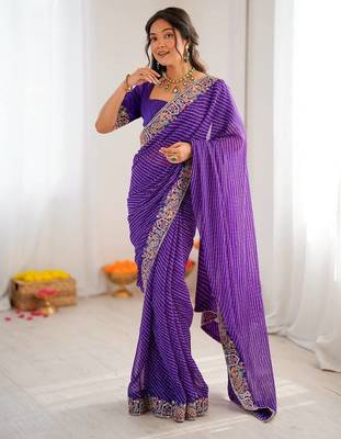 Purple Color Thread & Sequins Embroidery With Badhani Print Work Faux Georgette Saree 1