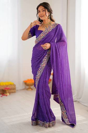 Purple Color Thread & Sequins Embroidery With Badhani Print Work Faux Georgette Saree