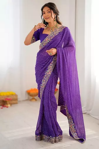 Purple Color Thread & Sequins Embroidery With Badhani Print Work Faux Georgette Saree