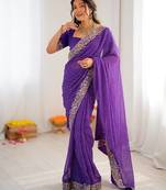 Purple Color Thread & Sequins Embroidery With Badhani Print Work Faux Georgette Saree