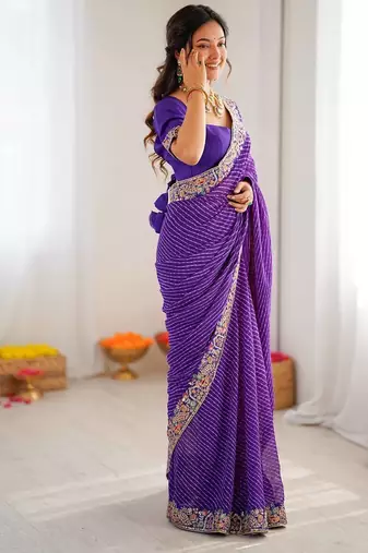 Purple Color Thread & Sequins Embroidery With Badhani Print Work Faux Georgette Saree