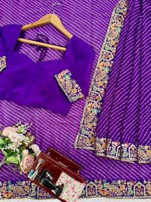 Purple Color Thread & Sequins Embroidery With Badhani Print Work Faux Georgette Saree 5