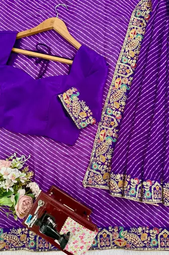 Purple Color Thread & Sequins Embroidery With Badhani Print Work Faux Georgette Saree