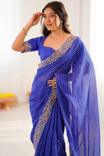 Navy Blue Color Thread & Sequins Embroidery With Badhani Print Work Faux Georgette Saree