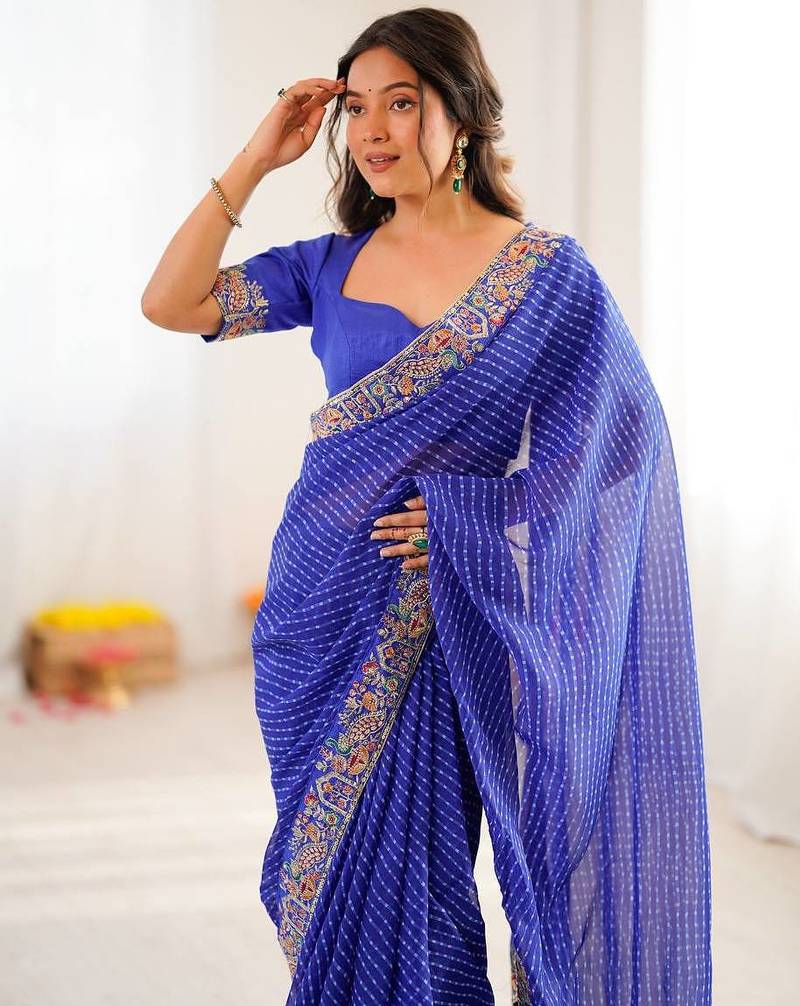 Navy Blue Color Thread & Sequins Embroidery With Badhani Print Work Faux Georgette Saree