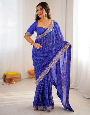 Navy Blue Color Thread & Sequins Embroidery With Badhani Print Work Faux Georgette Saree 3