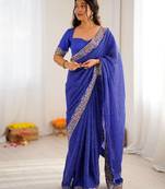 Navy Blue Color Thread & Sequins Embroidery With Badhani Print Work Faux Georgette Saree