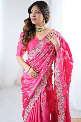 Pink Color Coding With Sequins Embroidery Work Satin Silk Saree