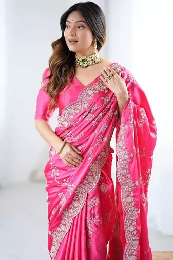 Pink Color Coding With Sequins Embroidery Work Satin Silk Saree