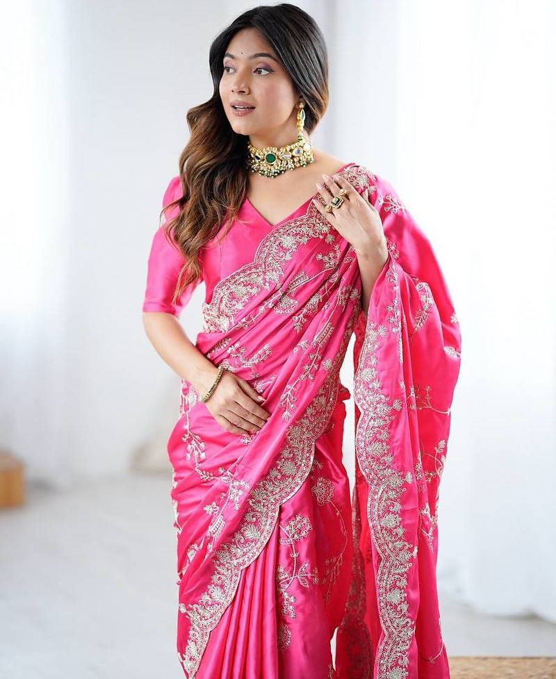 Pink Color Coding With Sequins Embroidery Work Satin Silk Saree