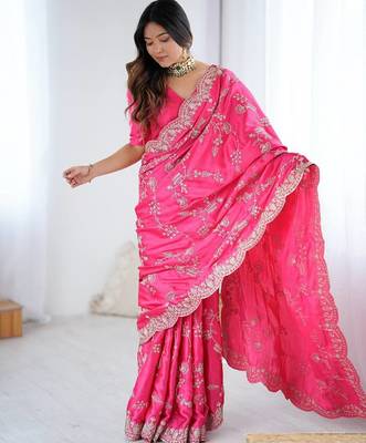 Pink Color Coding With Sequins Embroidery Work Satin Silk Saree 3