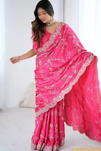 Pink Color Coding With Sequins Embroidery Work Satin Silk Saree