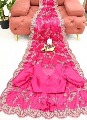 Pink Color Coding With Sequins Embroidery Work Satin Silk Saree 5