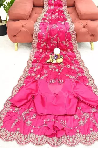 Pink Color Coding With Sequins Embroidery Work Satin Silk Saree