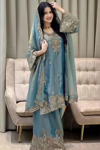 Teal blue embroidered silk suit