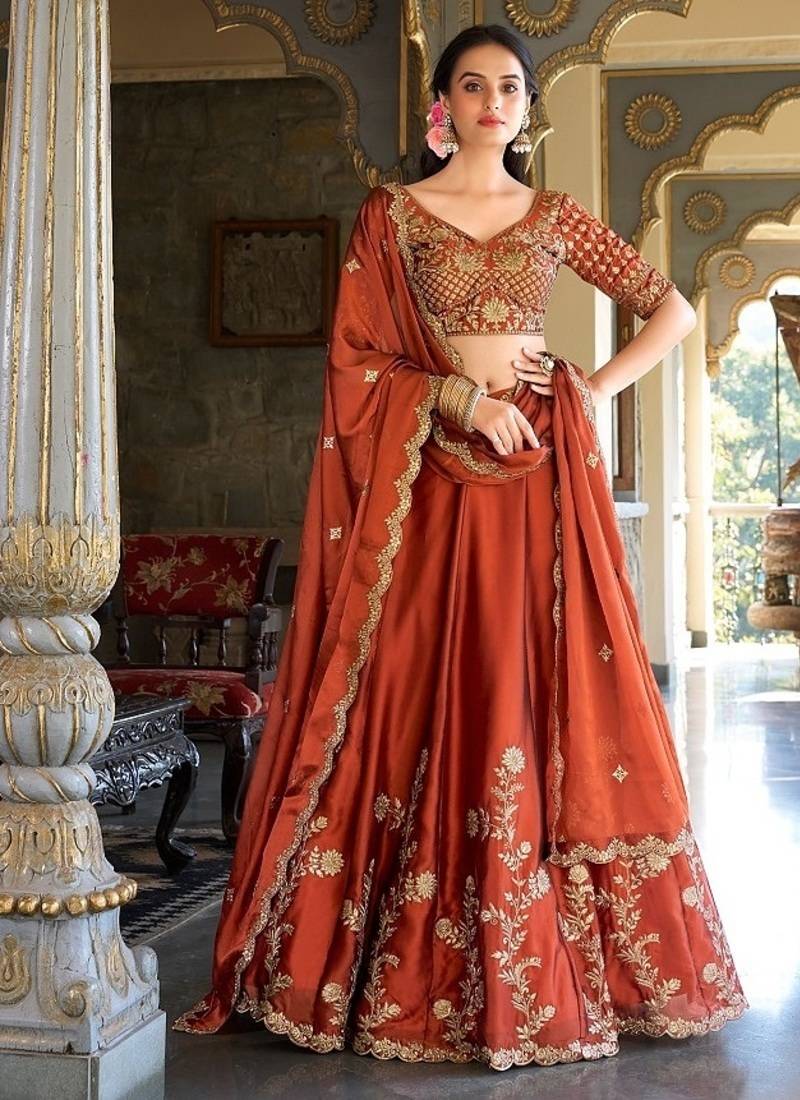 Orange Rangoli Silk Embroidered Work Wedding Lehenga Choli