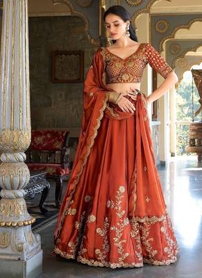 Orange Rangoli Silk Embroidered Work Wedding Lehenga Choli 2
