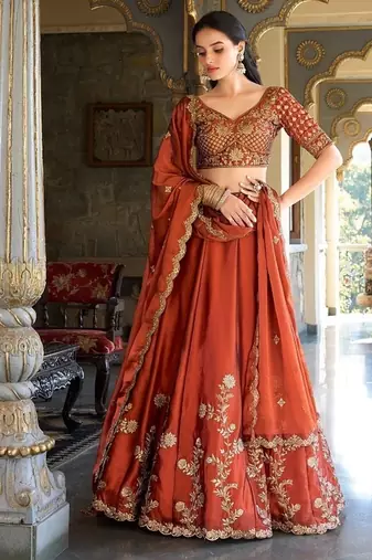 Orange Rangoli Silk Embroidered Work Wedding Lehenga Choli