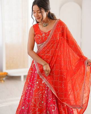 Orange Color Thread With Sequence Work Faux Georgette Lehenga Choli Set 2