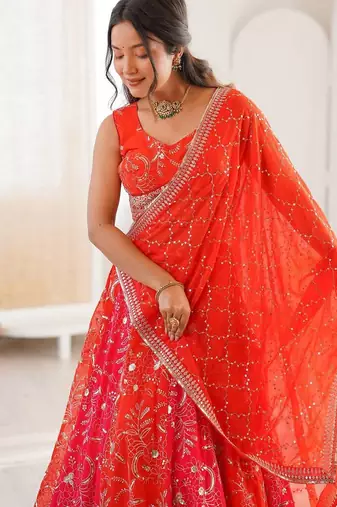 Orange Color Thread With Sequence Work Faux Georgette Lehenga Choli Set