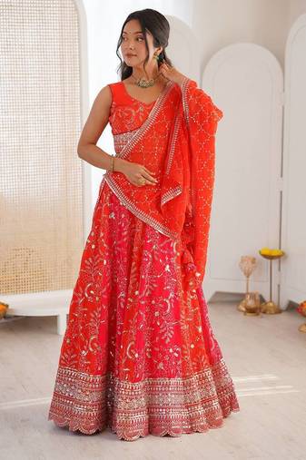 Orange Color Thread With Sequence Work Faux Georgette Lehenga Choli Set