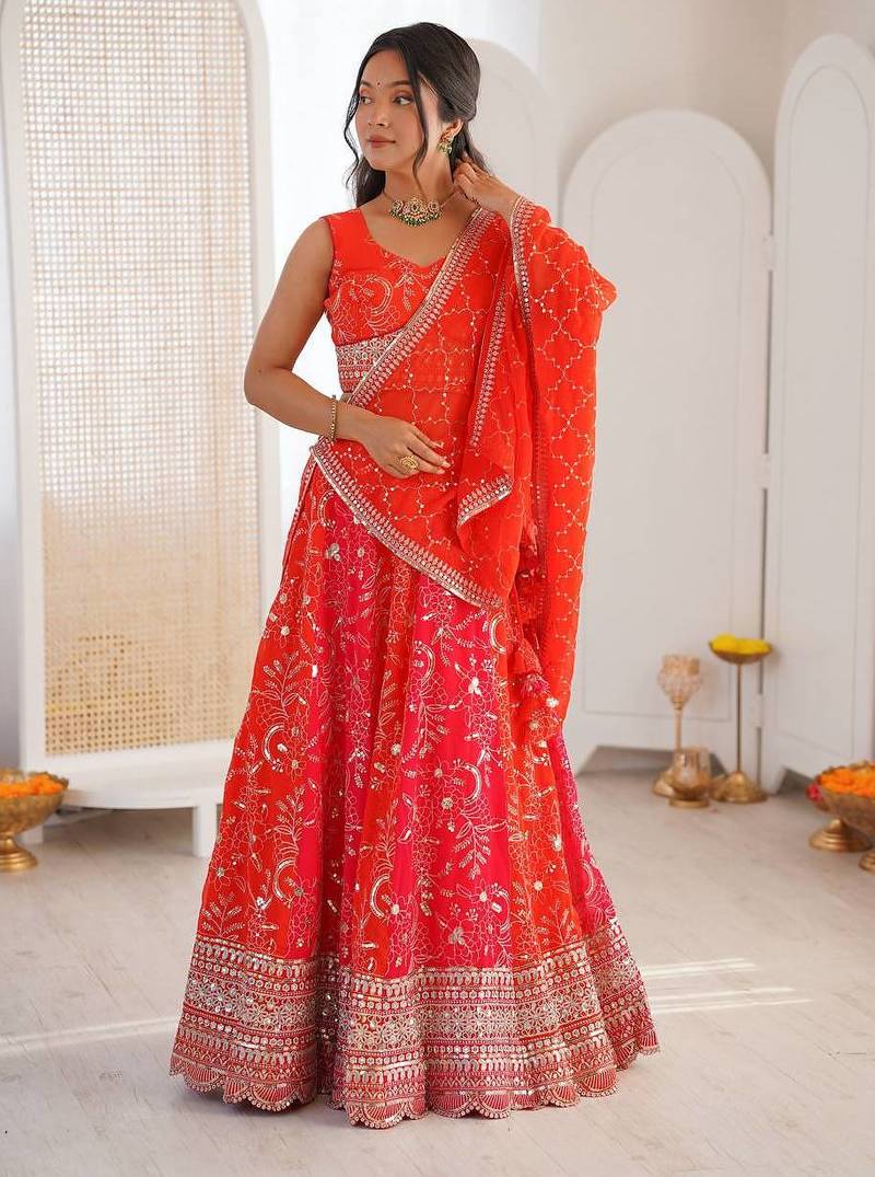Orange Color Thread With Sequence Work Faux Georgette Lehenga Choli Set