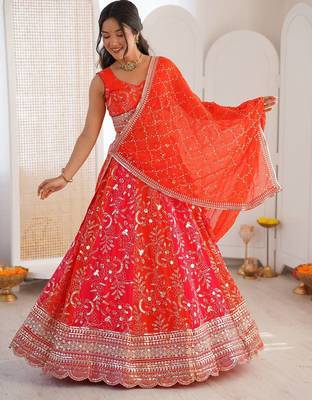 Orange Color Thread With Sequence Work Faux Georgette Lehenga Choli Set 3