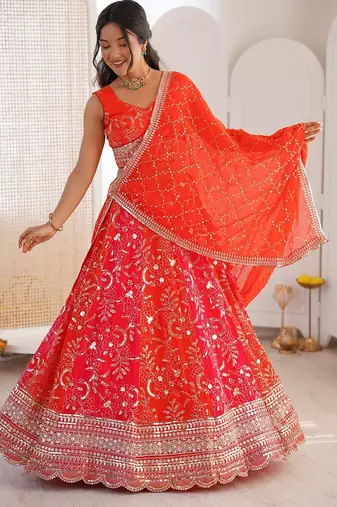 Orange Color Thread With Sequence Work Faux Georgette Lehenga Choli Set