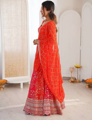 Orange Color Thread With Sequence Work Faux Georgette Lehenga Choli Set 4