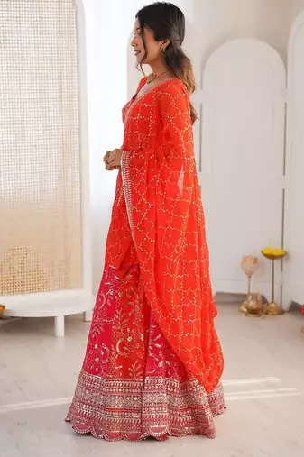 Orange Color Thread With Sequence Work Faux Georgette Lehenga Choli Set