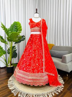Orange Color Thread With Sequence Work Faux Georgette Lehenga Choli Set 5