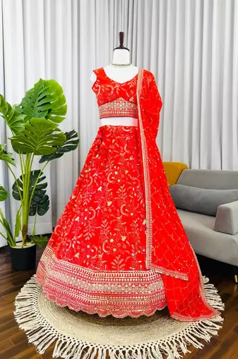Orange Color Thread With Sequence Work Faux Georgette Lehenga Choli Set