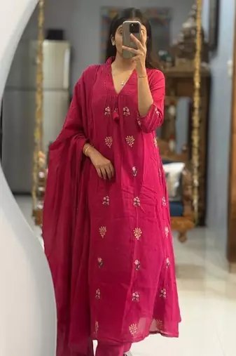 WOMEN COTTON EMBROIDERY A-LINE KURTA WITH PANT AND DUPATTA 