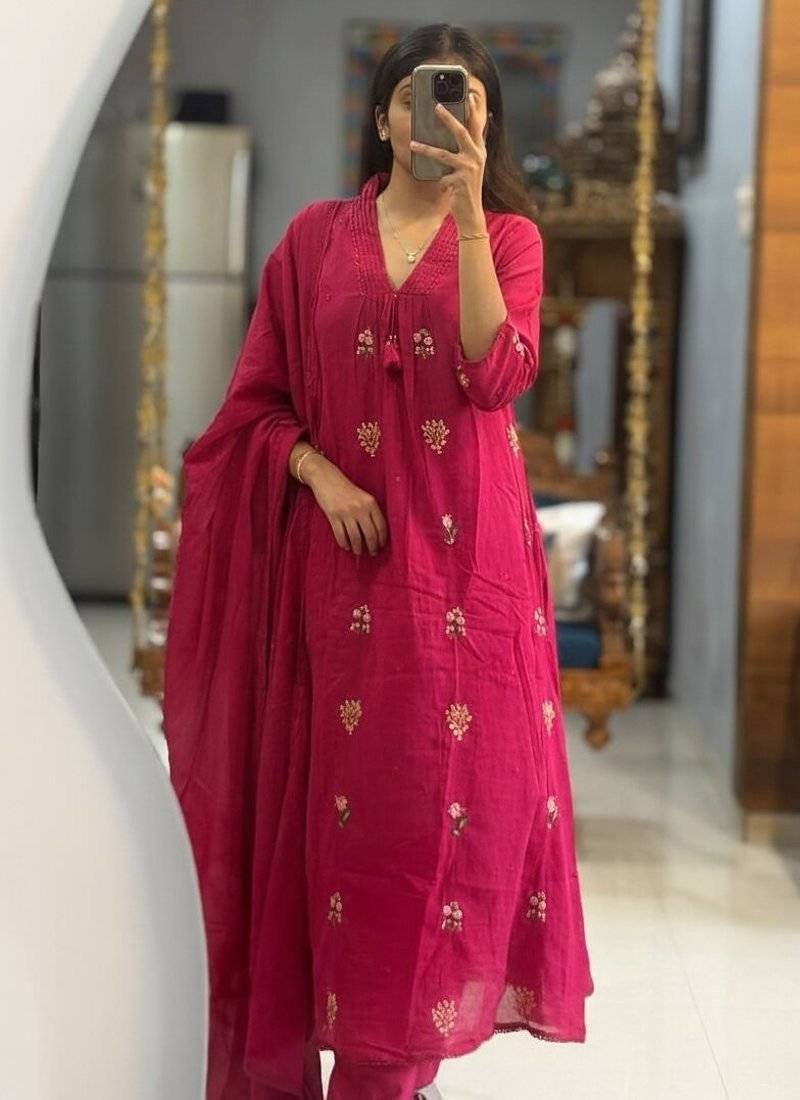 WOMEN COTTON EMBROIDERY A-LINE KURTA WITH PANT AND DUPATTA 