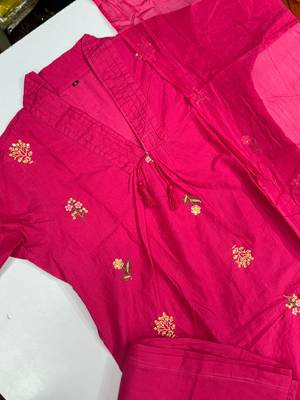 WOMEN COTTON EMBROIDERY A-LINE KURTA WITH PANT AND DUPATTA  3