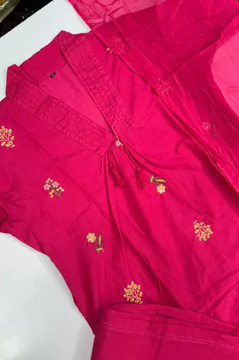 WOMEN COTTON EMBROIDERY A-LINE KURTA WITH PANT AND DUPATTA 