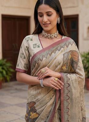 Cream Color Dori With Printed Work Silk Blend Saree 2