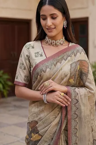 Cream Color Dori With Printed Work Silk Blend Saree