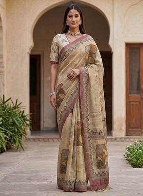 Cream Color Dori With Printed Work Silk Blend Saree 3