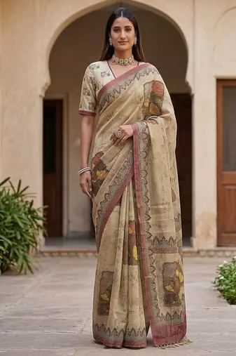 Cream Color Dori With Printed Work Silk Blend Saree