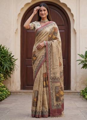 Cream Color Dori With Printed Work Silk Blend Saree 4