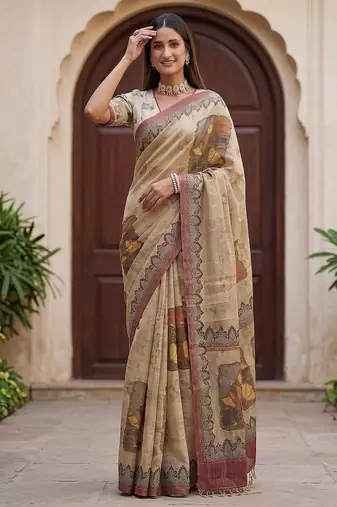 Cream Color Dori With Printed Work Silk Blend Saree