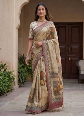 Cream Color Dori With Printed Work Silk Blend Saree 1