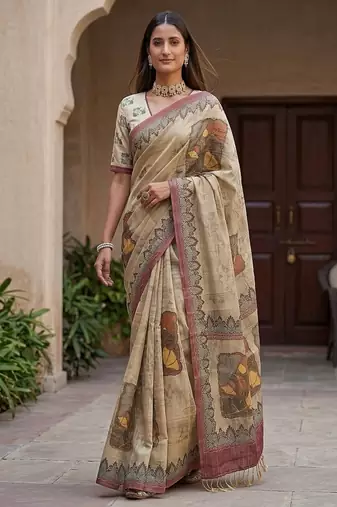 Cream Color Dori With Printed Work Silk Blend Saree
