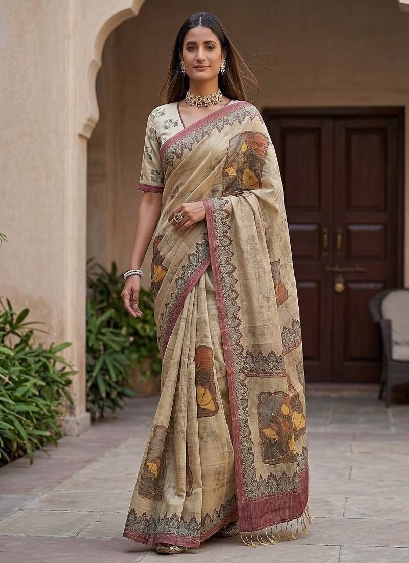 Cream Color Dori With Printed Work Silk Blend Saree