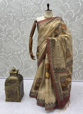Cream Color Dori With Printed Work Silk Blend Saree 5
