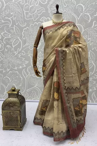Cream Color Dori With Printed Work Silk Blend Saree
